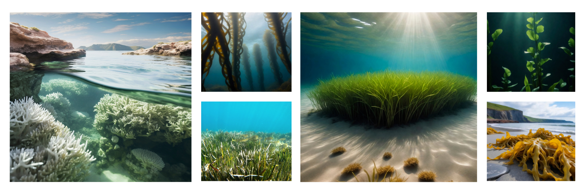 A collage of underwater and coastal scenes showcasing marine ecosystems, including seagrass meadows, coral reefs, and seaweed. The central image highlights a vibrant underwater seagrass bed illuminated by sunlight. Surrounding images feature close-ups of kelp forests, coral reefs, and coastal seaweed on rocky shores, depicting the diversity of ocean habitats.