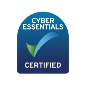 Cyber Essentials Certified logo featuring a blue gradient background with a green and blue checkmark symbol, indicating compliance with essential cybersecurity measures.